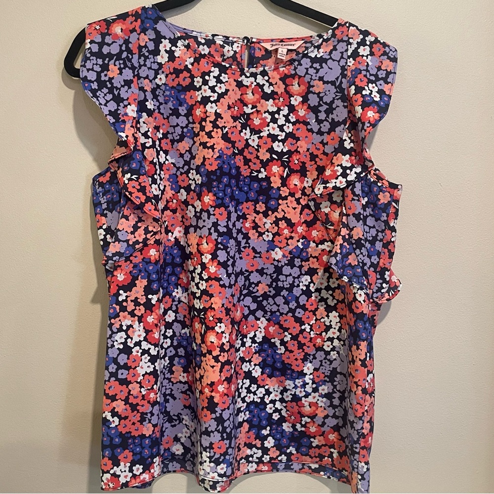 Juicy Couture Floral Ruffle Sleeveless Blouse in Coral, Purple, Navy & White